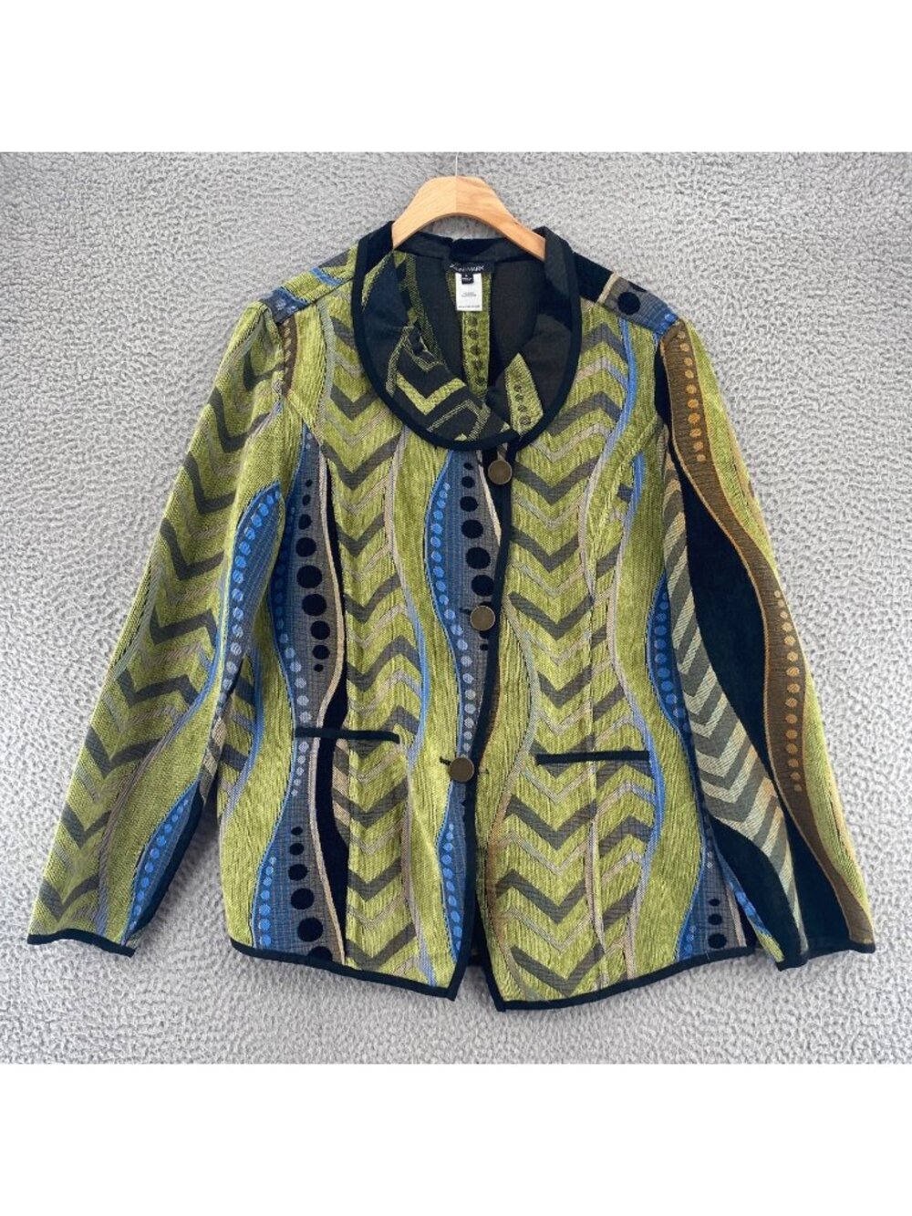 John Mark Blazer Womens Large Green Multi Tapestry Chevron Retro Collared Jacket
